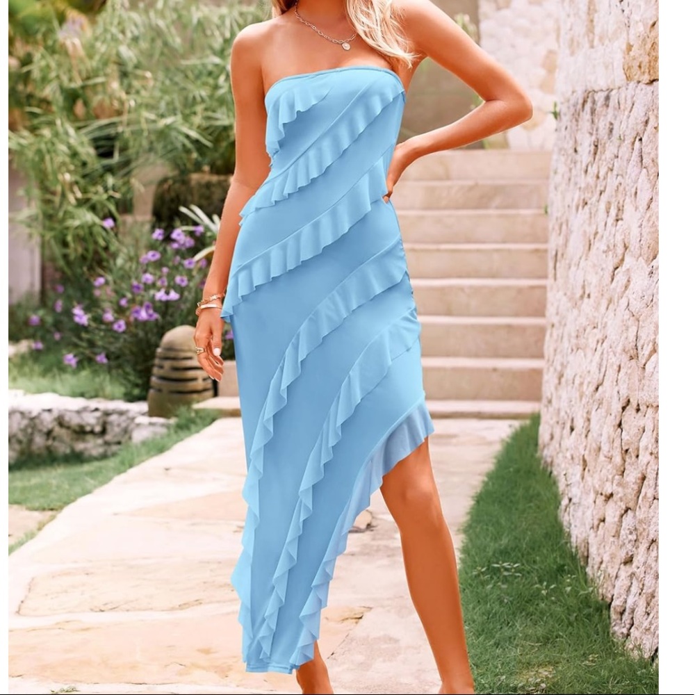 PRETTYGARDEN Womens Strapless Tube Asymmetrical Ruffle Maxi Bodycon Dress
